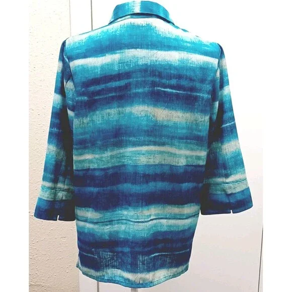 Allison Daley Button Up Women's Blue Wave Print Blouse Size 10 - Picture 2 of 7